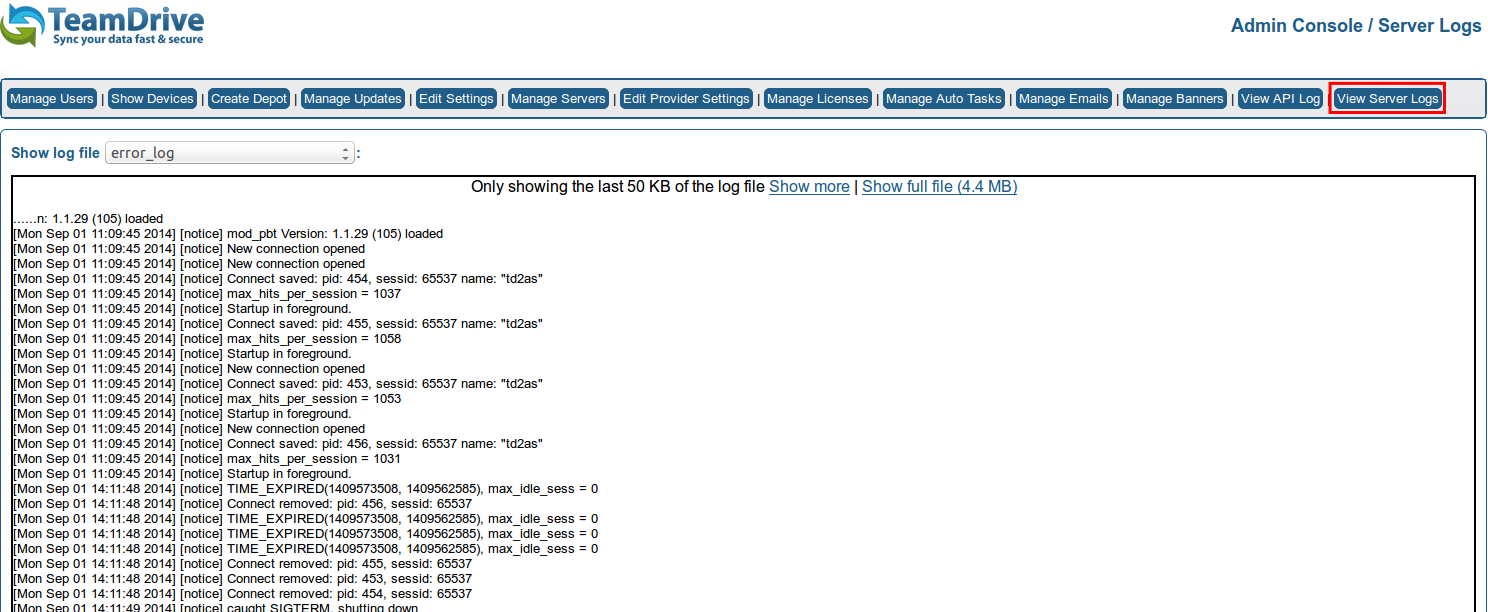 TeamDrive_AdminConsole_ViewServerLogs_png
